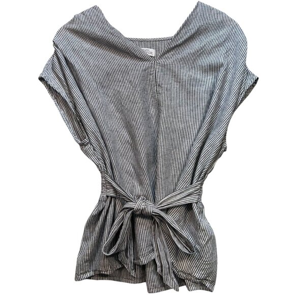 Morgan Taylor Women V Neck Linen Smocked Top Short Sleeve Sz L White Gray Stripe - Picture 1 of 11